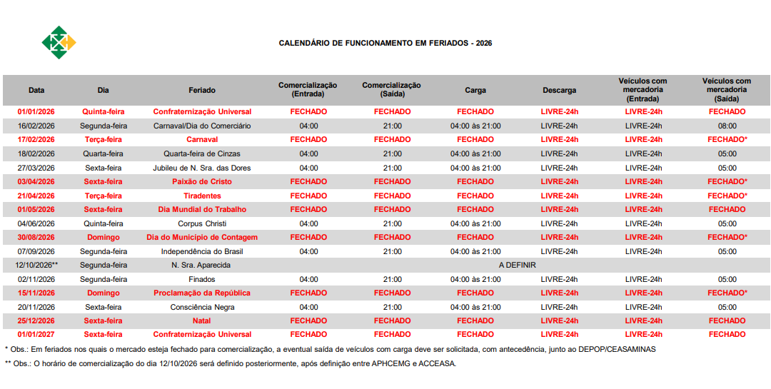 Confira o calendário de feriados da CeasaMinas em 2026
